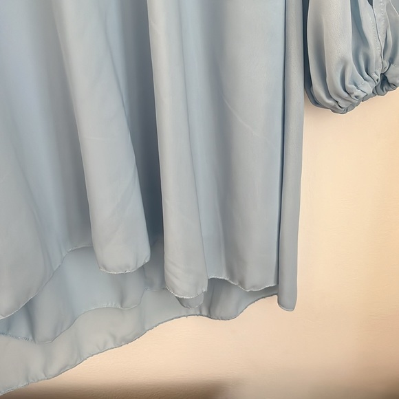 Leo Rosi Powder Blue Flowy Cocktail Dress with Long Sleeve, Slit Sleeves - Picture 3 of 7